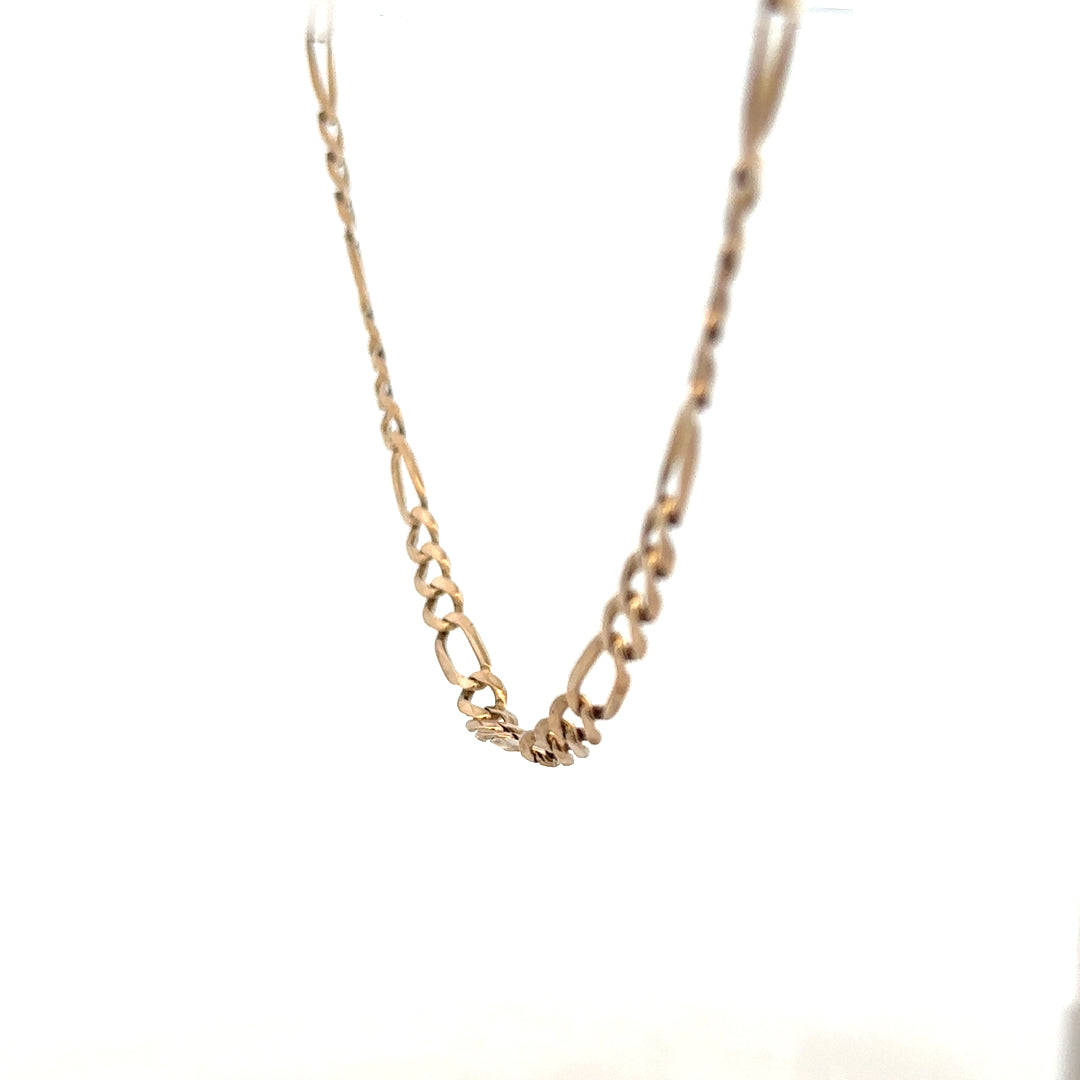 9ct yellow gold figaro chain weighing 25.9g, featuring a classic link design and polished finish.