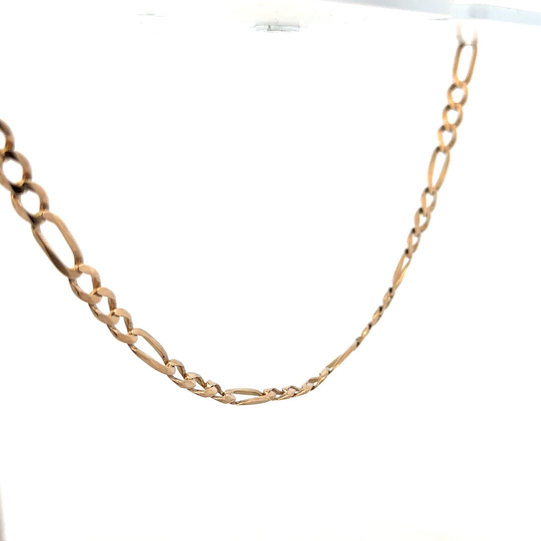 9ct yellow gold figaro chain weighing 25.9g, featuring interlinked oval and circular links, unbranded jewelry accessory.
