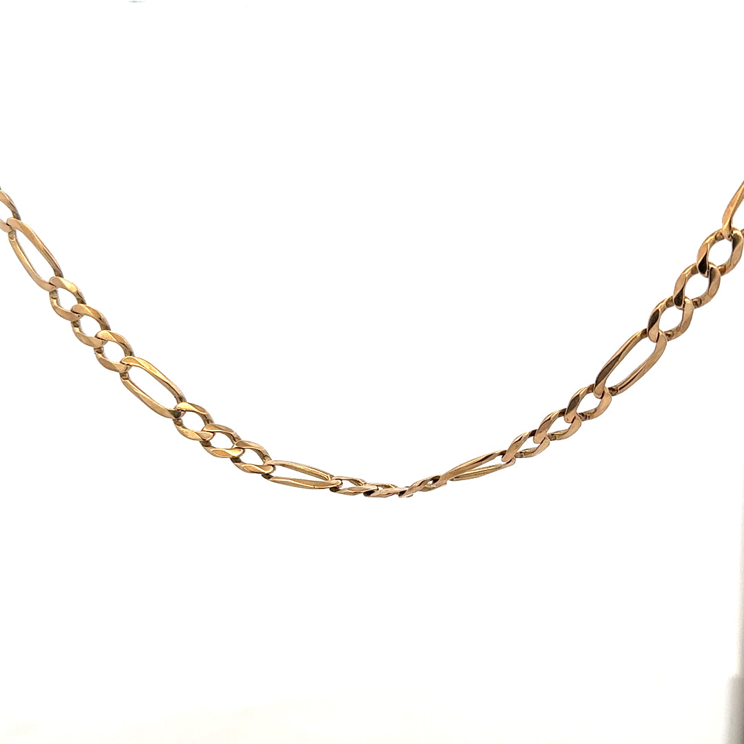 9ct yellow gold Figaro chain weighing 25.9g, featuring a classic linked design, displayed on a neutral background.