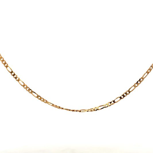 9ct yellow gold Figaro chain weighing 3.7g, featuring classic linked design, on a neutral background.