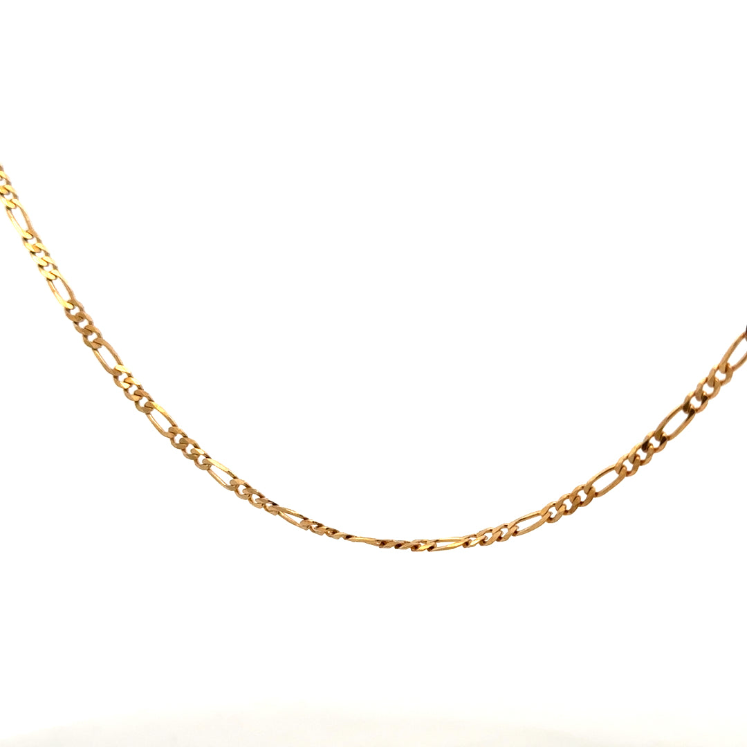 9ct yellow gold figaro chain weighing 3.7g with intricate linked design, unbranded jewelry accessory.