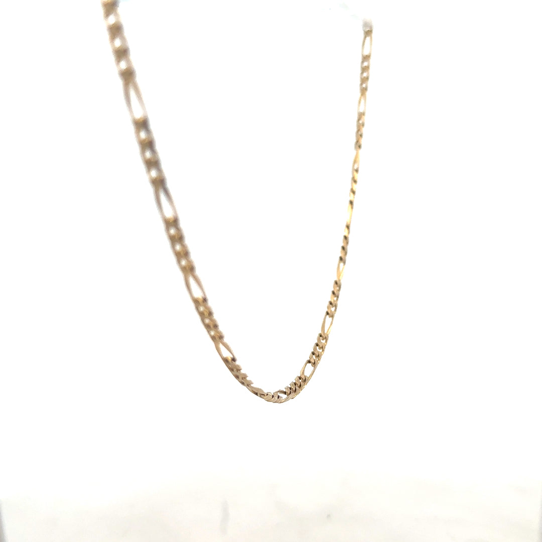 9ct yellow gold Figaro chain weighing 7.2g, showcasing a classic jewelry design with polished links.