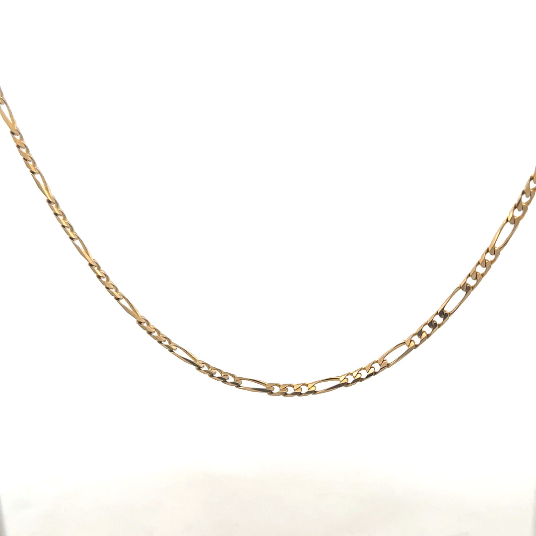 9ct yellow gold Figaro chain, unbranded, 7.2g, featuring linked design and polished finish.