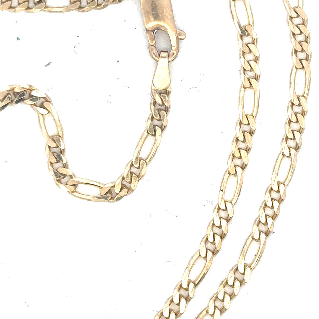 9ct yellow gold figaro chain weighing 9.2g, unbranded, with intricate linked design and polished finish.