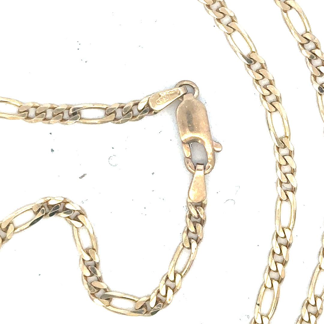 9ct yellow gold Figaro chain weighing 9.2g, featuring interlinked flat oval links, unbranded jewelry accessory.