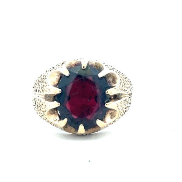 9ct yellow gold garnet ring size N1/2 with a polished gold band and a deep red garnet gemstone, unbranded jewelry piece.