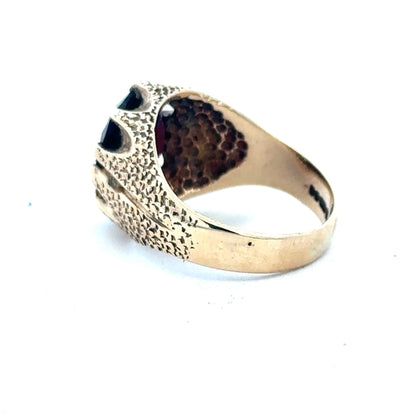 9ct yellow gold garnet ring size N1/2 with a polished gold band and a vibrant garnet gemstone, displayed on a neutral background.