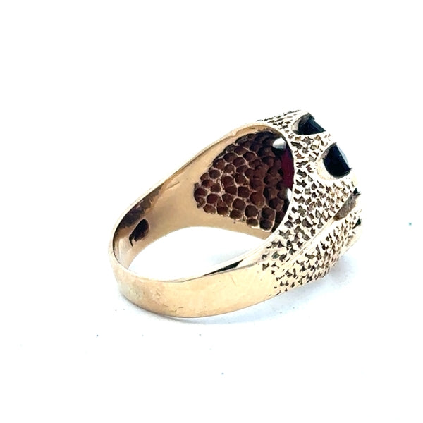 9ct yellow gold garnet ring size N1/2 with a polished band and a deep red garnet gemstone, unbranded jewelry.