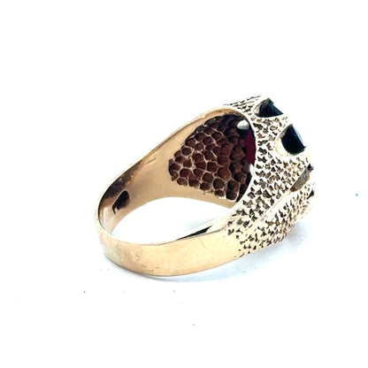 9ct yellow gold garnet ring size N1/2 with a polished band and a deep red garnet gemstone, unbranded jewelry.