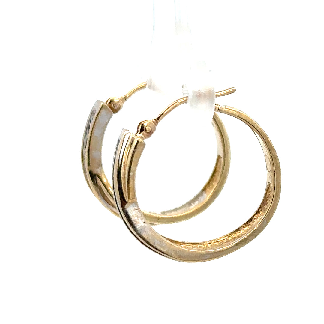 9ct yellow gold hoop earrings, 3.5g, unbranded, round hoop style, shiny finish, close-up view of jewelry on white background.