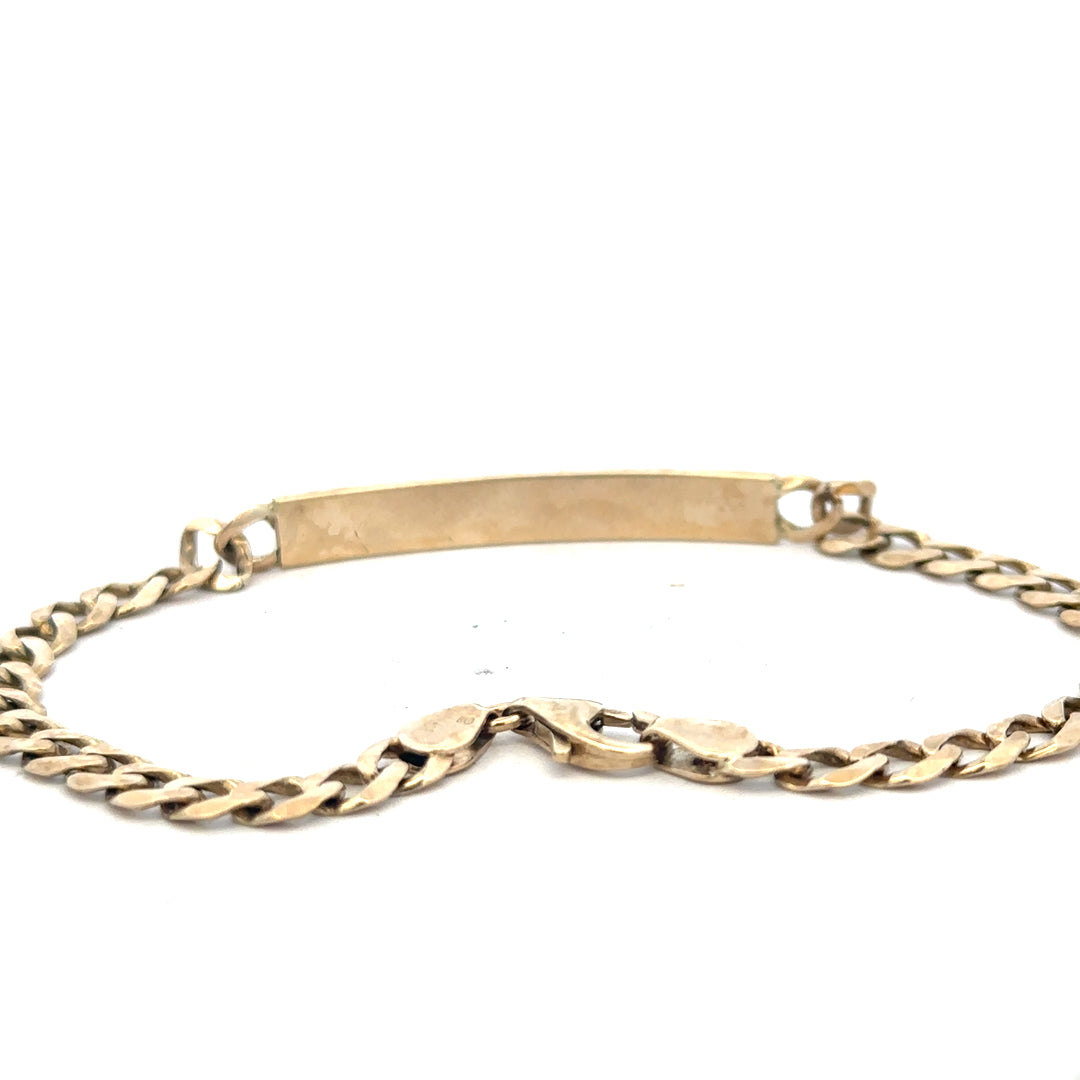 9ct yellow gold ID bracelet weighing 11.6g, unbranded, with a sleek design and secure clasp, displayed on a neutral background.