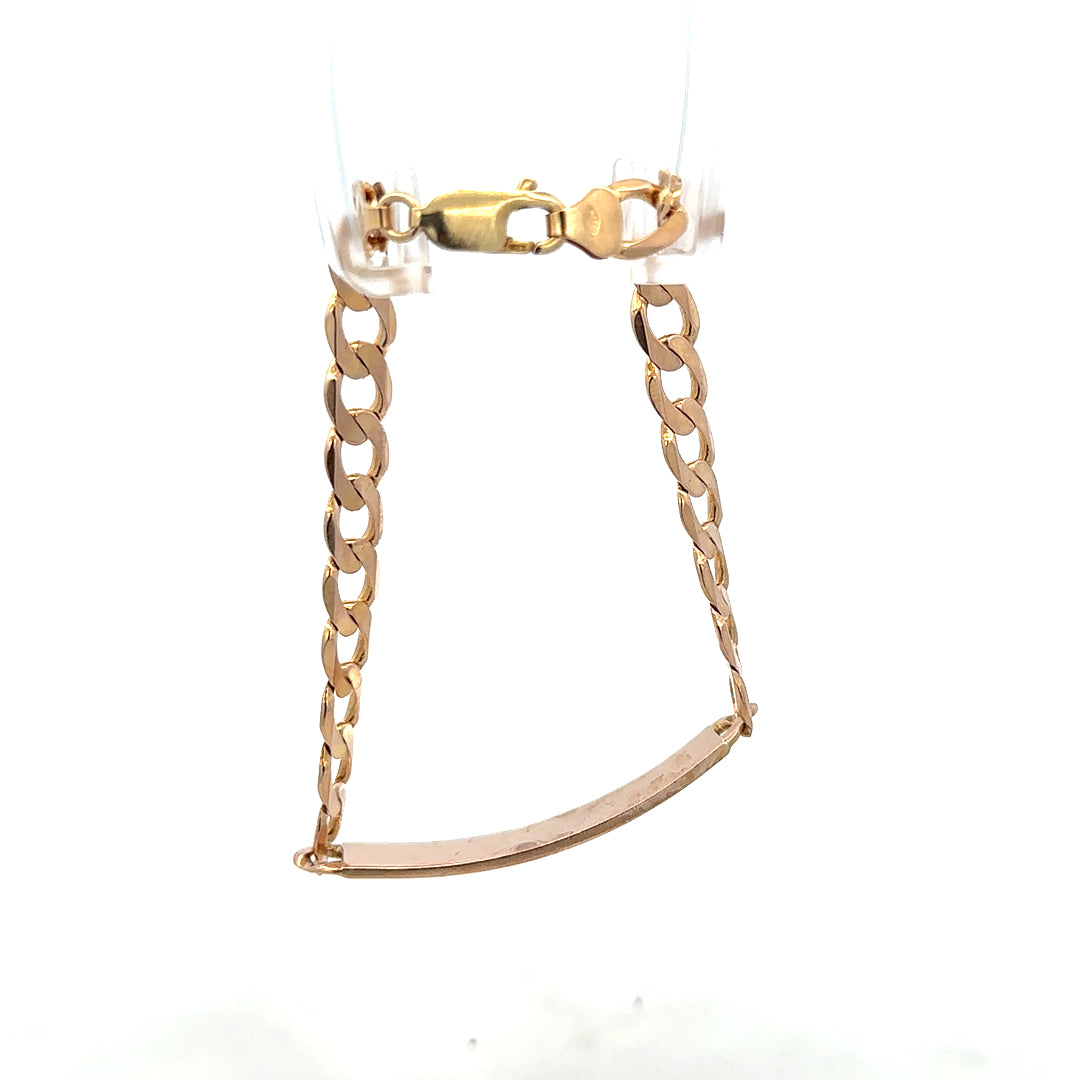 9ct yellow gold ID bracelet weighing 12.2g, featuring a smooth, polished surface and a secure clasp, unbranded jewelry accessory.