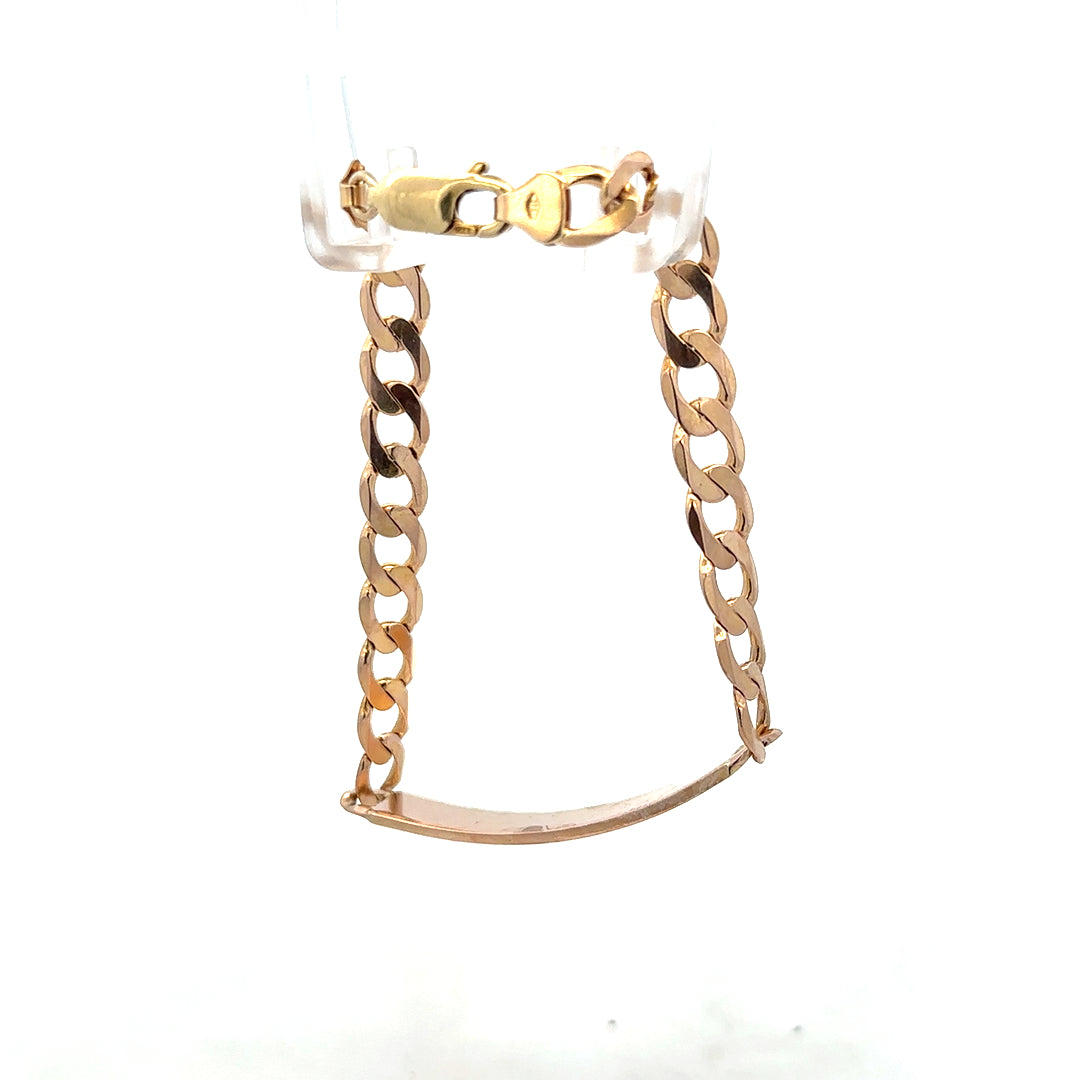9ct yellow gold ID bracelet weighing 12.2g with a sleek, polished finish, featuring a customizable ID plate and secure clasp.