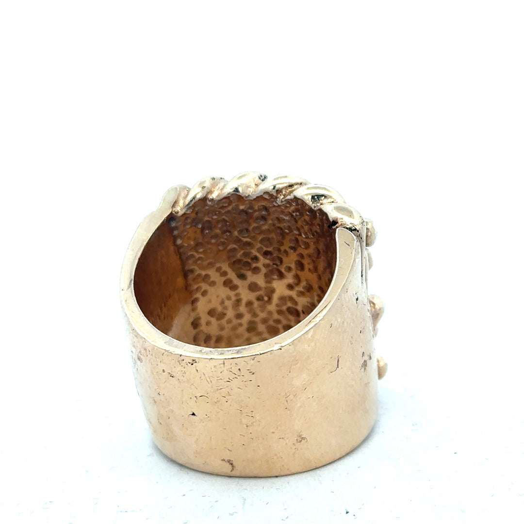 9ct yellow gold keeper ring with a textured band, weighing 61.1g, featuring a secure clasp for jewelry collection or gift purposes.