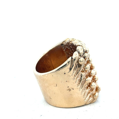 9ct yellow gold keeper ring, unbranded with a polished finish, shown from a side view highlighting its design and weight.