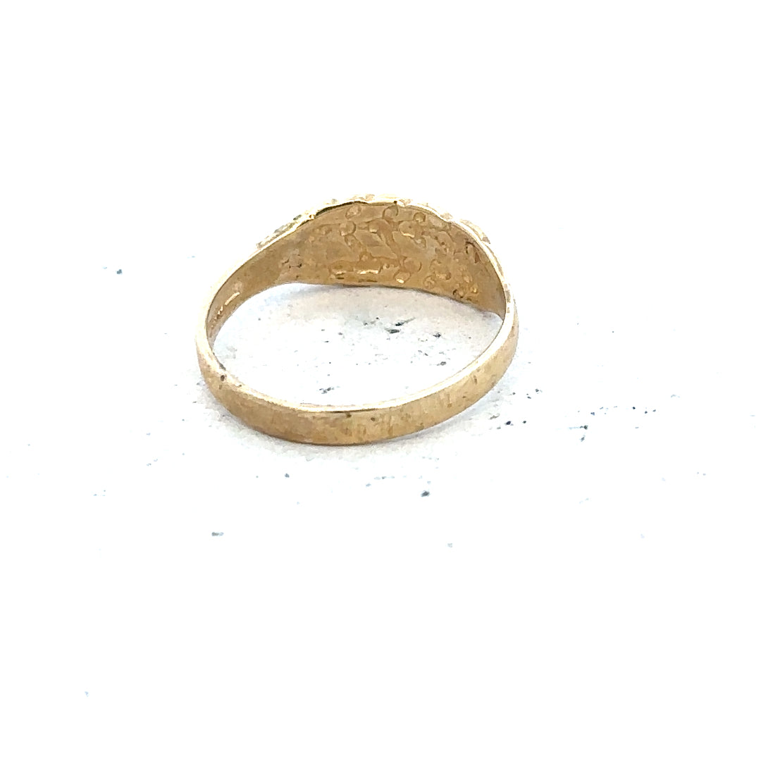 9ct yellow gold keeper ring in size H with a smooth band, unbranded jewelry piece displayed on a plain background.