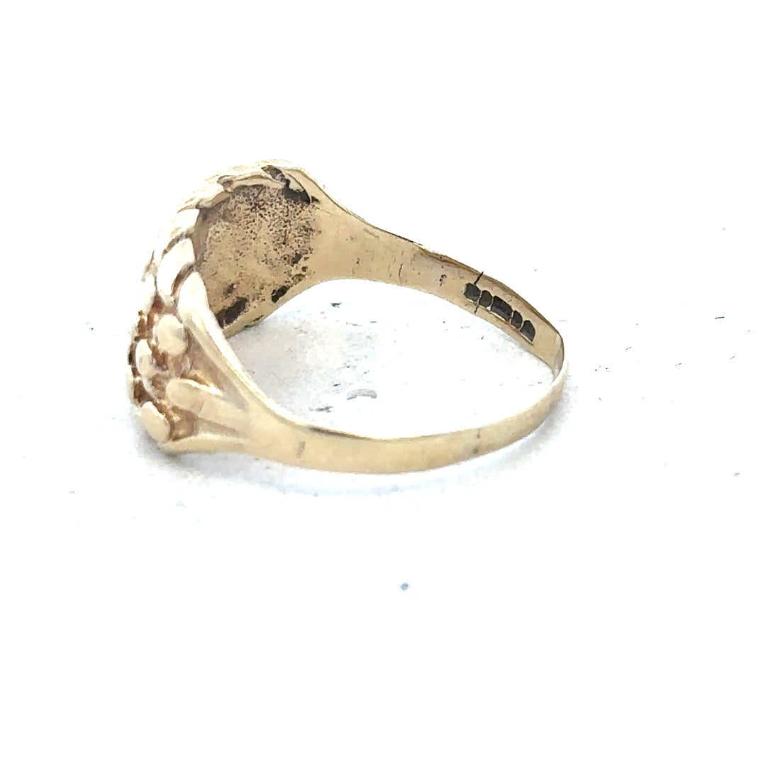 9ct yellow gold keeper ring in size P1/2, unbranded, showcasing a polished gold band with a secure setting for jewelry safety.