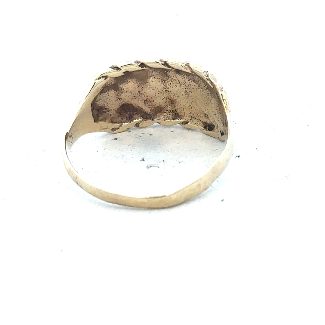 9ct yellow gold keeper ring in size P1/2, featuring a simple, elegant design with smooth finish and secure band.