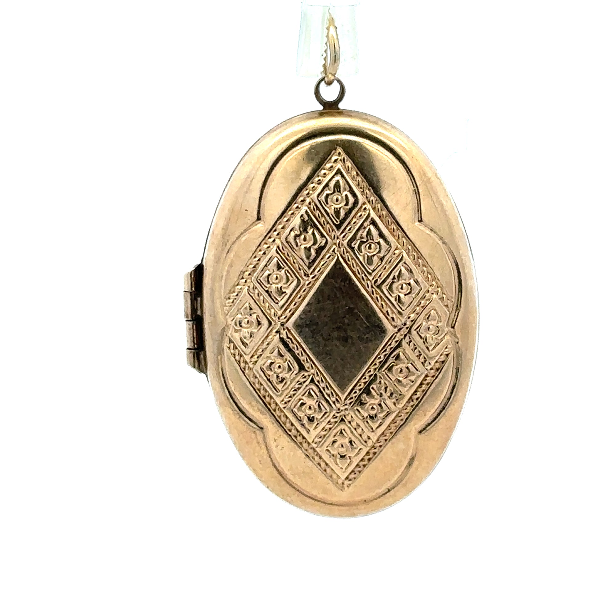 9ct yellow gold locket pendant with engraving, weight 5.8g, unbranded, displayed on a plain background.