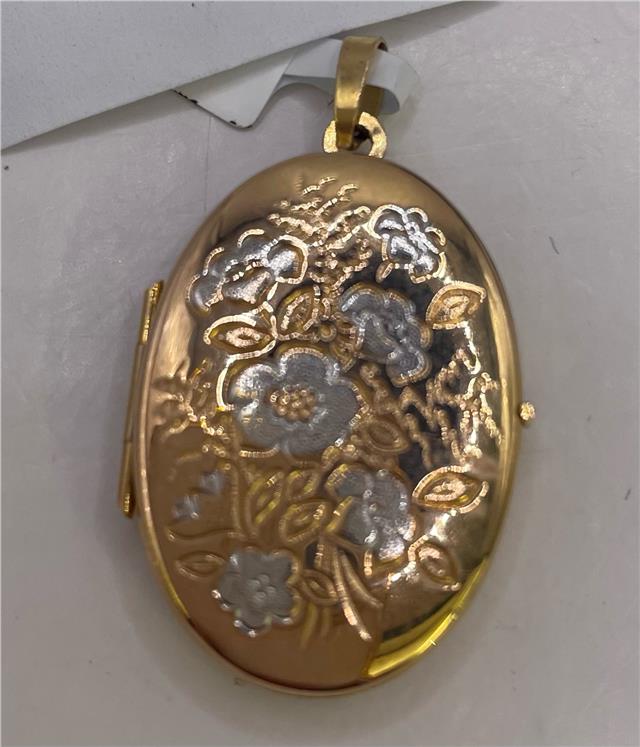 9ct yellow gold locket with intricate engraved design, unbranded, shown open with space for photos or keepsakes