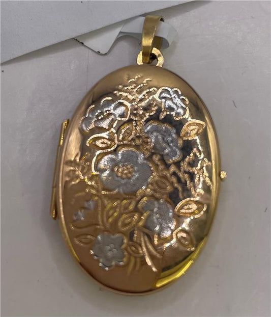 9ct yellow gold locket with intricate engraved design, unbranded, shown open with space for photos or keepsakes