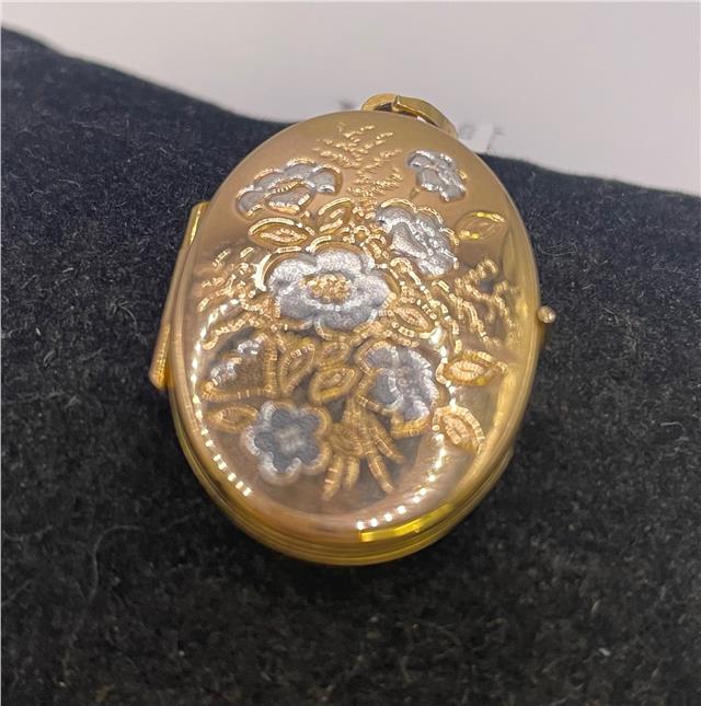 9ct yellow gold locket with detailed engraving, unbranded, showcasing its vintage design and polished finish.