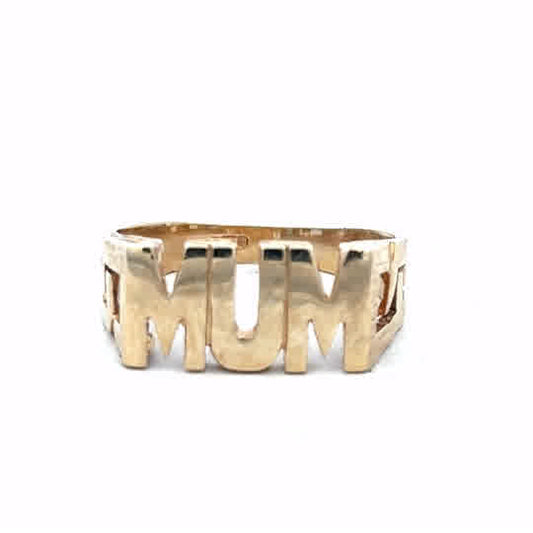 9ct yellow gold mum ring in size O1/2 featuring a smooth band and engraved design, unbranded jewelry.