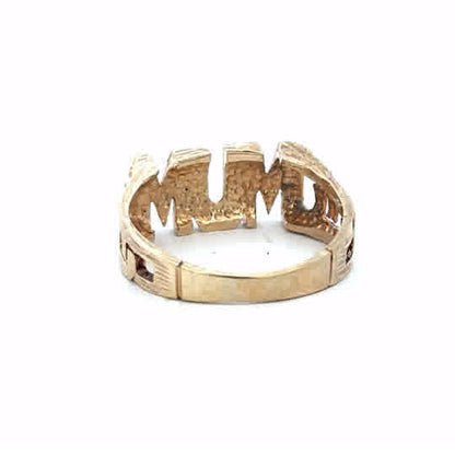 9ct yellow gold mum ring in size O1/2, featuring a classic design with a polished finish, perfect for sentimental jewelry.