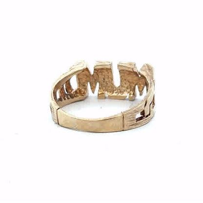 9ct yellow gold mum ring size O1/2, unbranded, featuring a polished gold band with engraved lettering, displayed on a neutral background.
