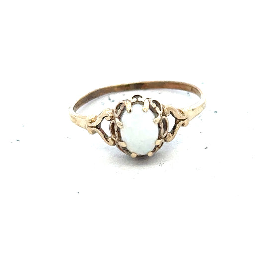 9ct yellow gold opal ring in size P with a vibrant, polished opal gemstone, featuring a sleek gold band.