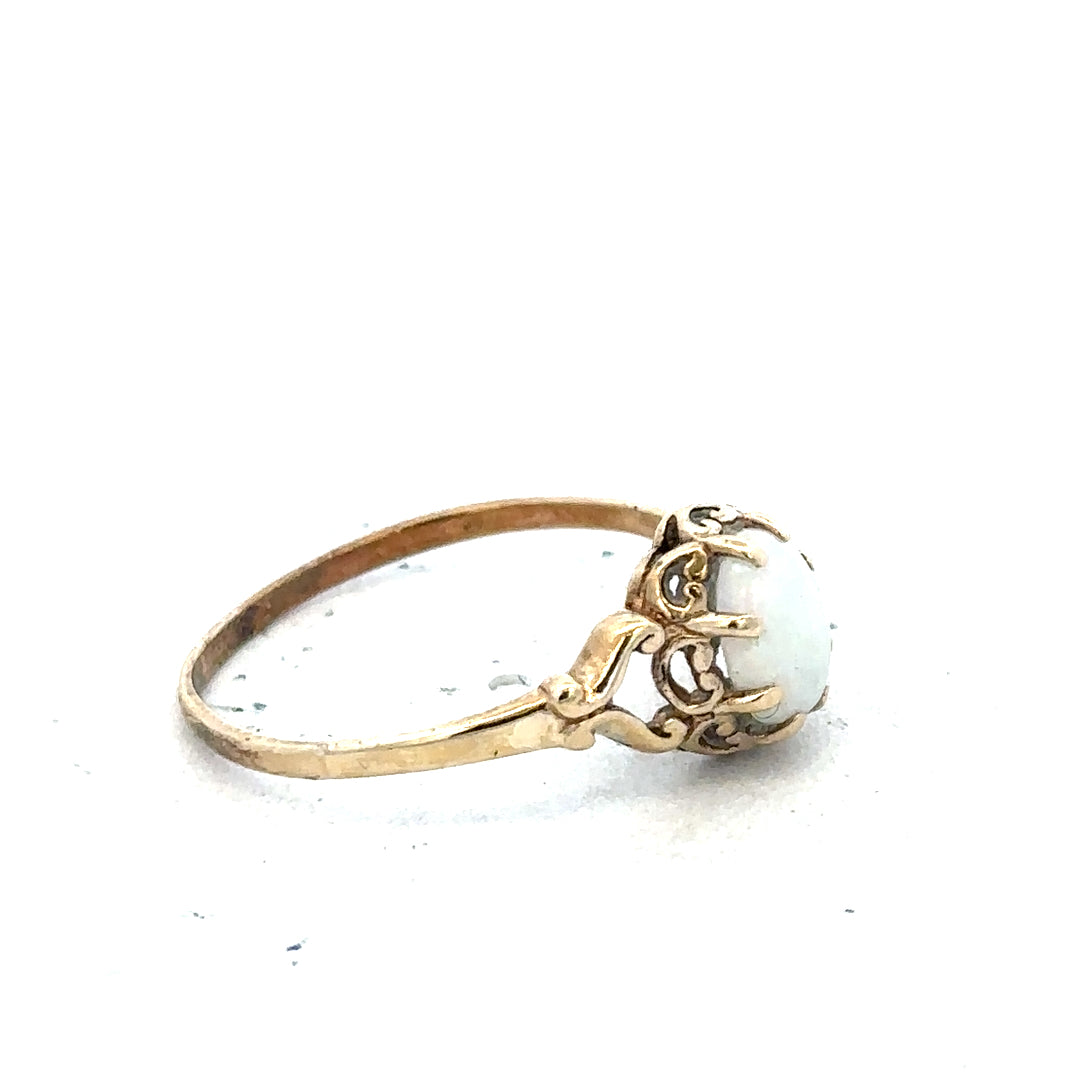 9ct yellow gold opal ring in size P with a vibrant opal gemstone, showcasing a simple and elegant jewelry design.