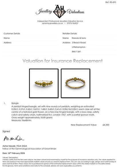 9ct yellow gold peridot bangle with green gemstones, elegant jewelry piece featuring a sleek gold design and vibrant peridot stones.