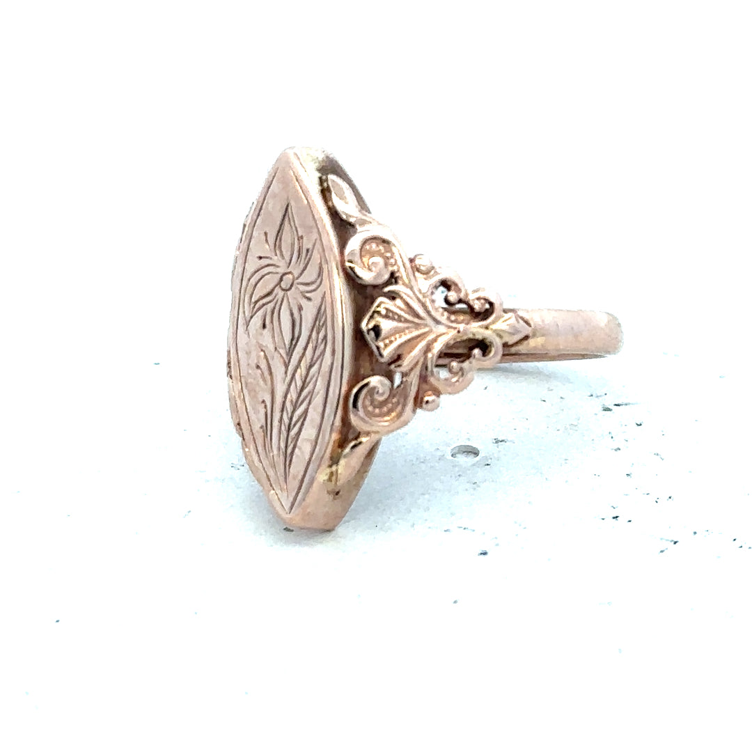 9ct yellow gold ring in size J with a polished finish, unbranded jewelry displayed on a neutral background.
