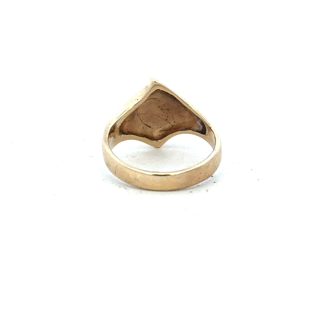 9ct yellow gold ring in size K with a simple, polished band, unbranded jewelry displayed on a neutral background.