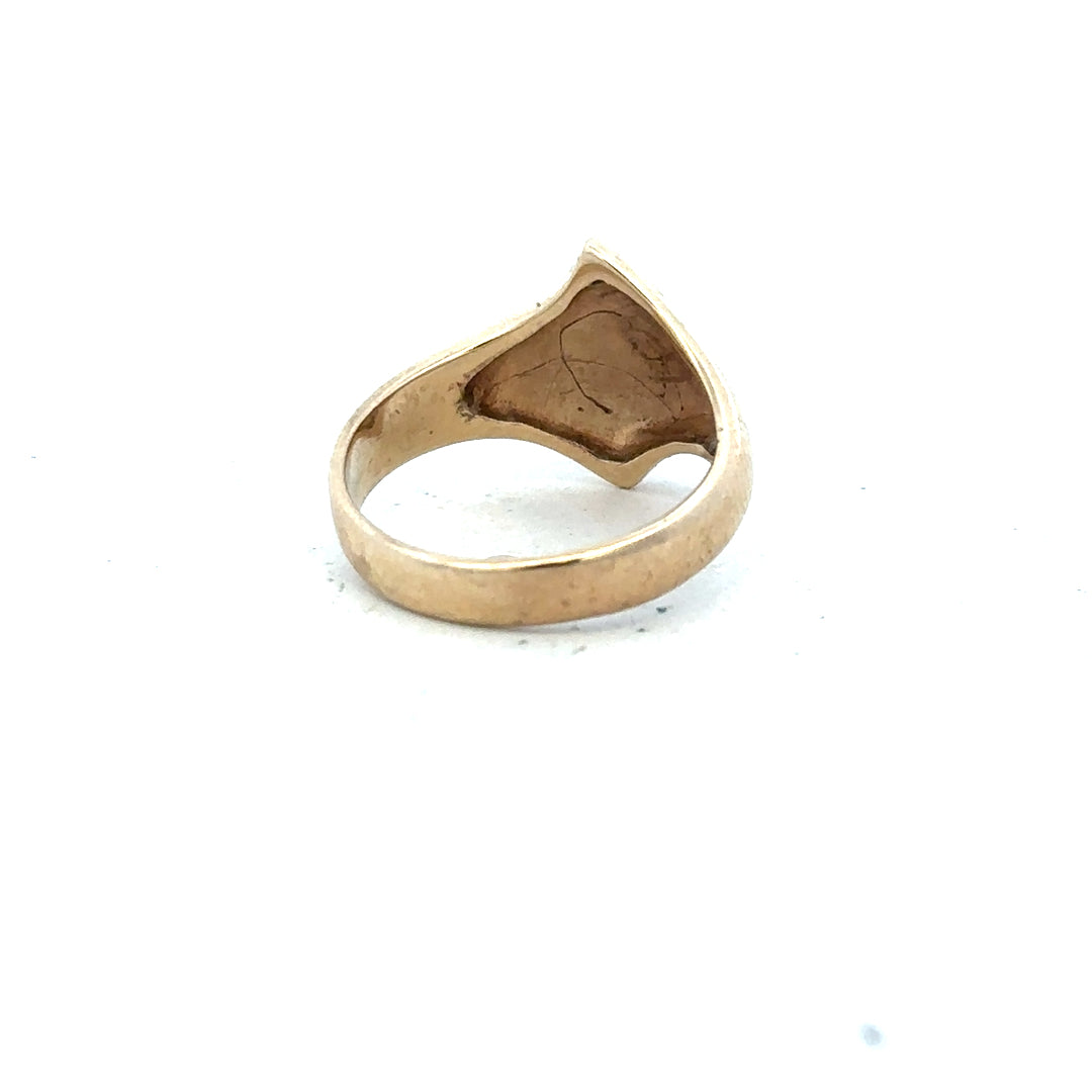 9ct yellow gold ring in size K with a simple band design, unbranded jewelry, front view showing its smooth, polished surface.