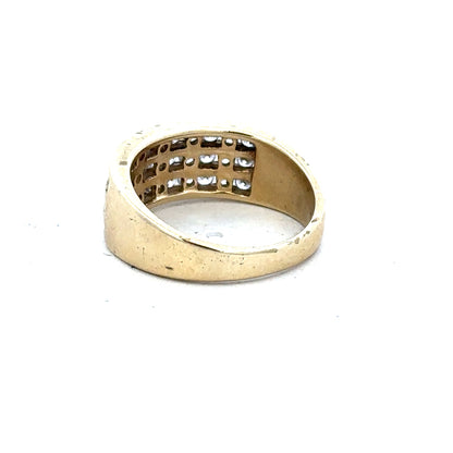 9ct yellow gold ring in size K with a smooth band, unbranded, shown from a side angle on a white background.