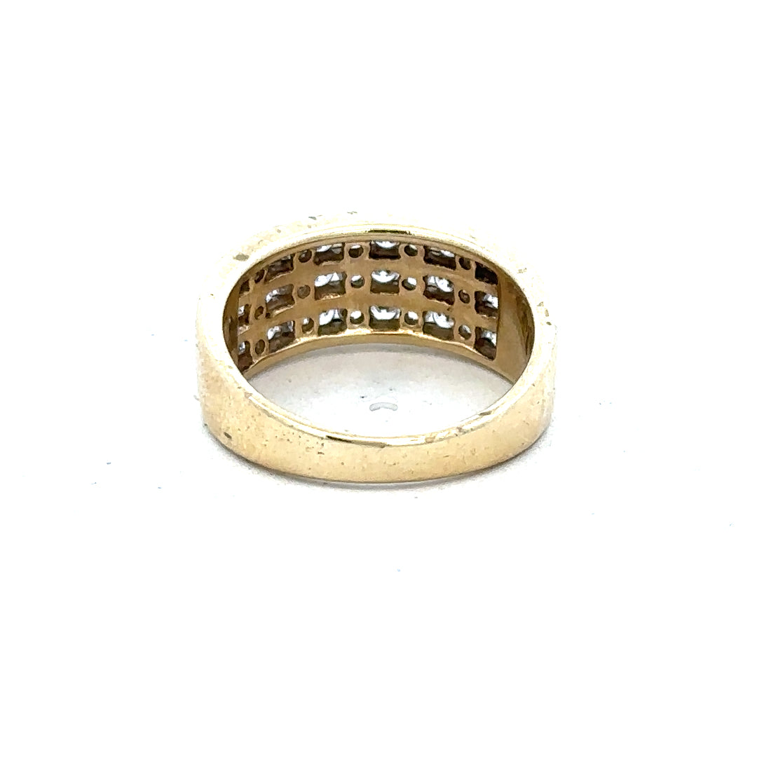 9ct yellow gold ring in size K, featuring a sleek band design, unbranded jewelry, shiny finish, and detailed craftsmanship.