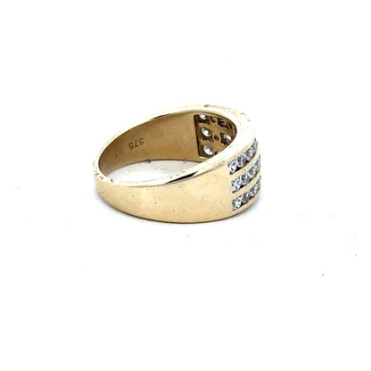 9ct yellow gold ring in size K with a smooth polished band, unbranded jewelry, showcasing elegant gold craftsmanship.