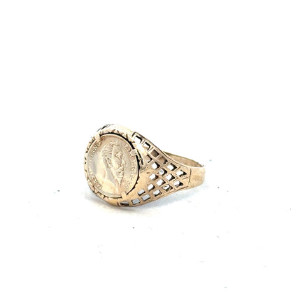 9ct yellow gold ring in size L with a simple band design, unbranded jewelry piece displayed against a neutral background.