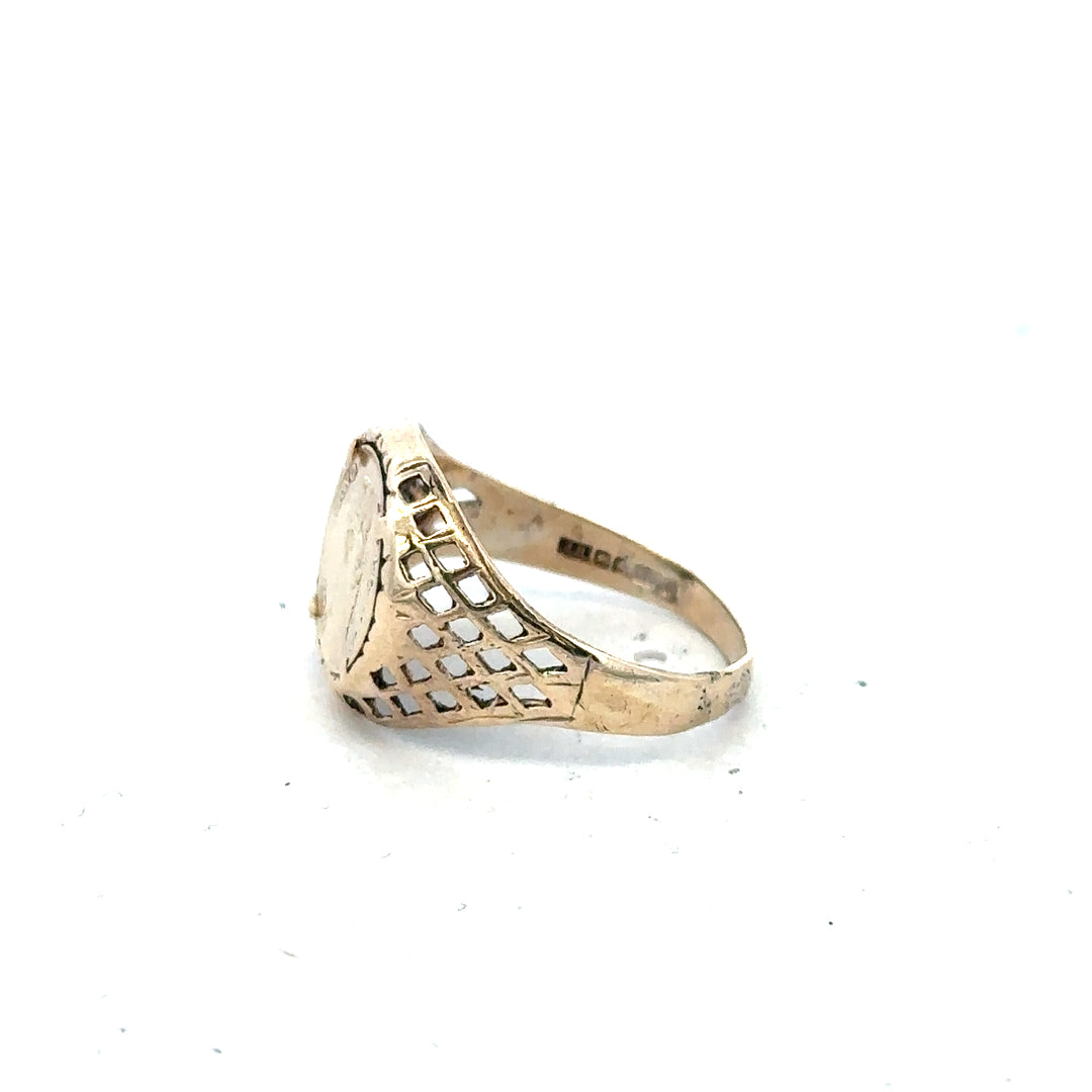 9ct yellow gold ring in size L with a smooth band, unbranded jewelry showcasing a classic, elegant design.