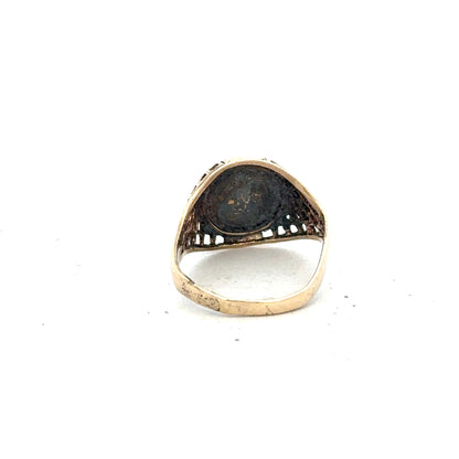 9ct yellow gold ring in size L with a simple band design, unbranded jewelry displayed on a neutral background.