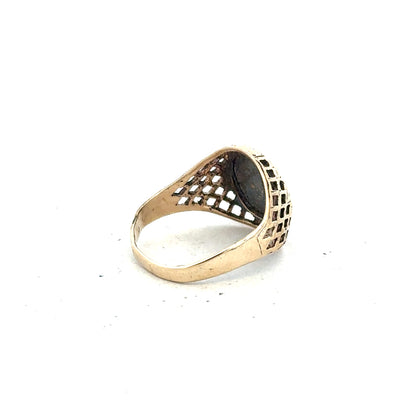 9ct yellow gold ring in size L, unbranded, showcasing a polished band with a smooth, shiny finish.