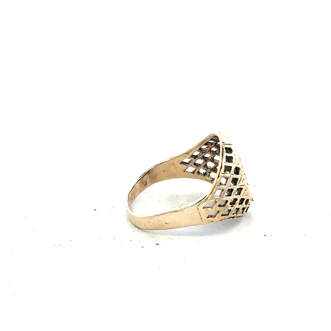 9ct yellow gold ring in size L with a smooth band, unbranded jewelry piece displayed on a neutral background.