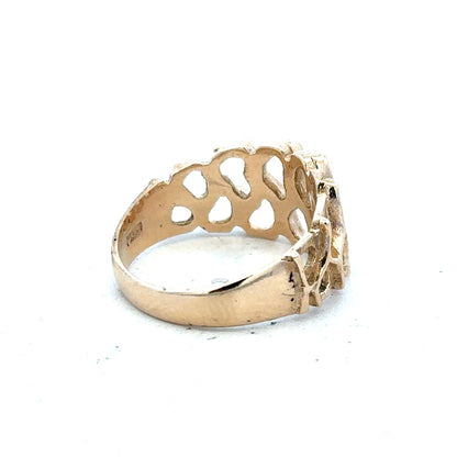 9ct yellow gold ring in size M with a smooth band, showcasing a shiny, polished finish.