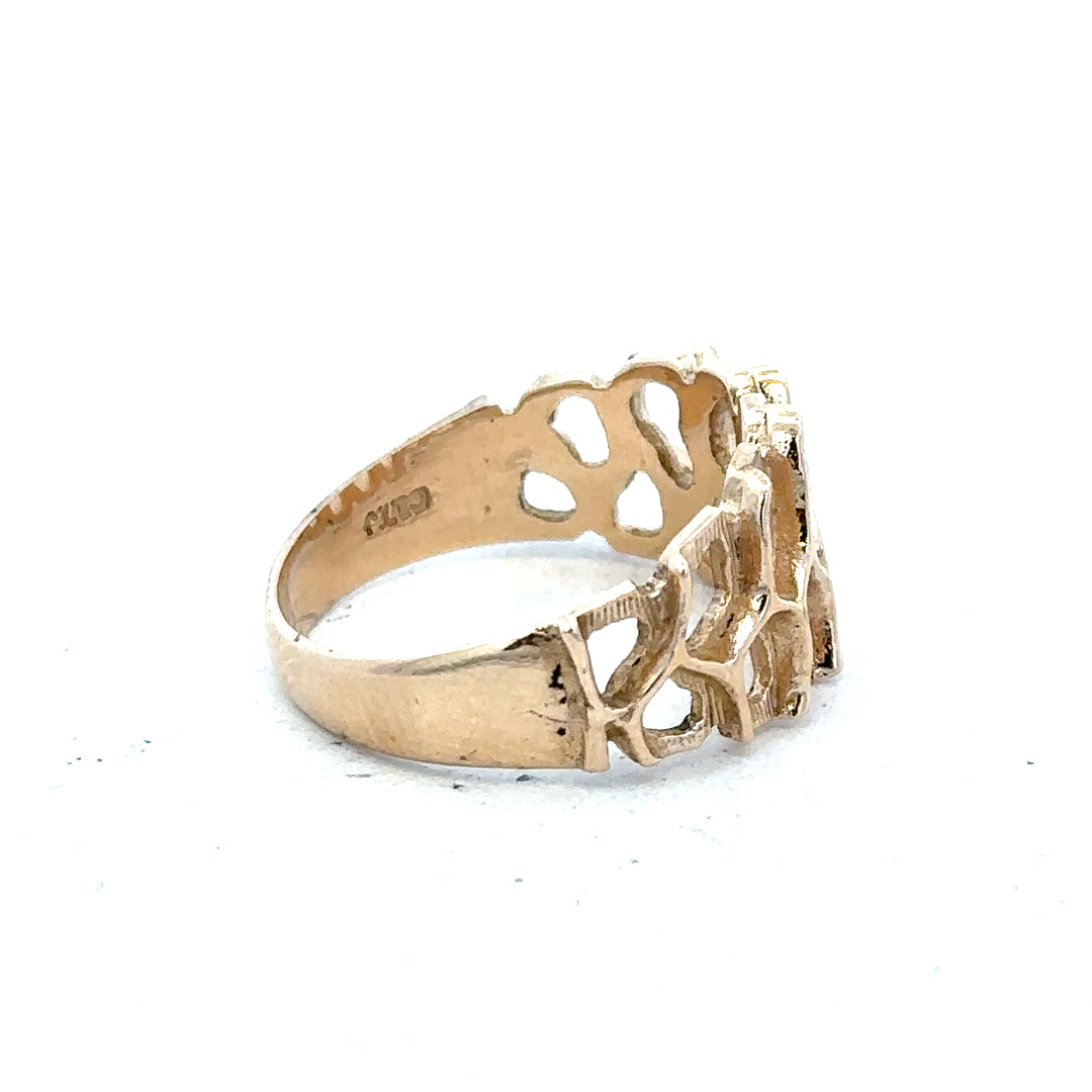 9ct yellow gold ring in size M with a simple band design, unbranded, shown on a plain background.