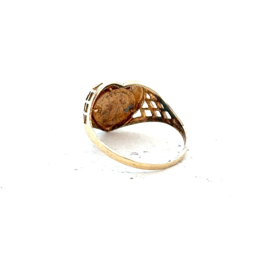 9ct yellow gold ring in size N1/2 with a smooth band, unbranded jewelry, shown in a close-up image.