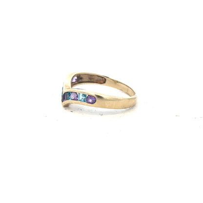 9ct yellow gold ring in size O, unbranded, showing a close-up of the polished band and smooth finish.