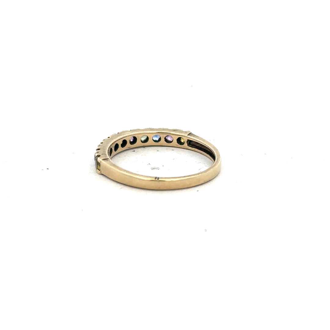 9ct yellow gold ring in size O with a smooth band, unbranded jewelry piece shown on a plain background.