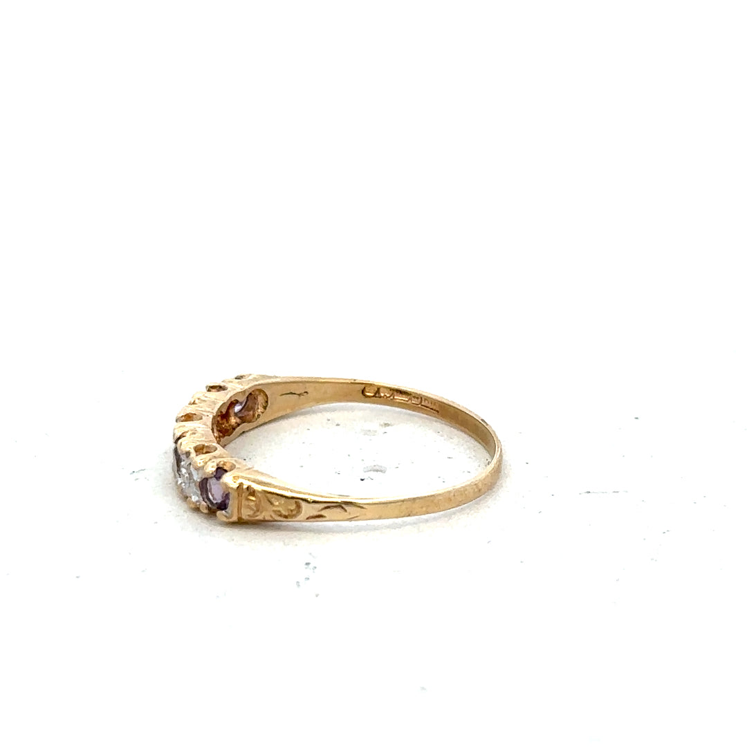 9ct yellow gold ring in size P with a simple, polished band, unbranded, shown from a side view.