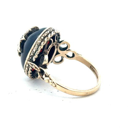 9ct yellow gold ring in size P with a smooth polished finish, unbranded jewelry displayed against a neutral background.